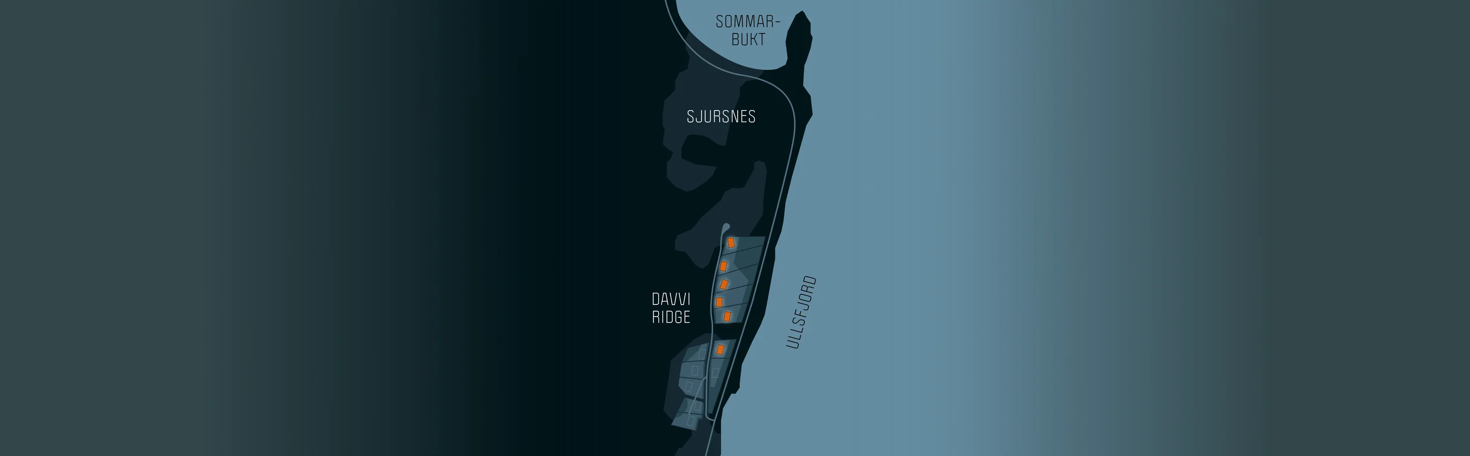 Map: Davvi Ridge with its chalets between Sjursnes and the Ullsfjord